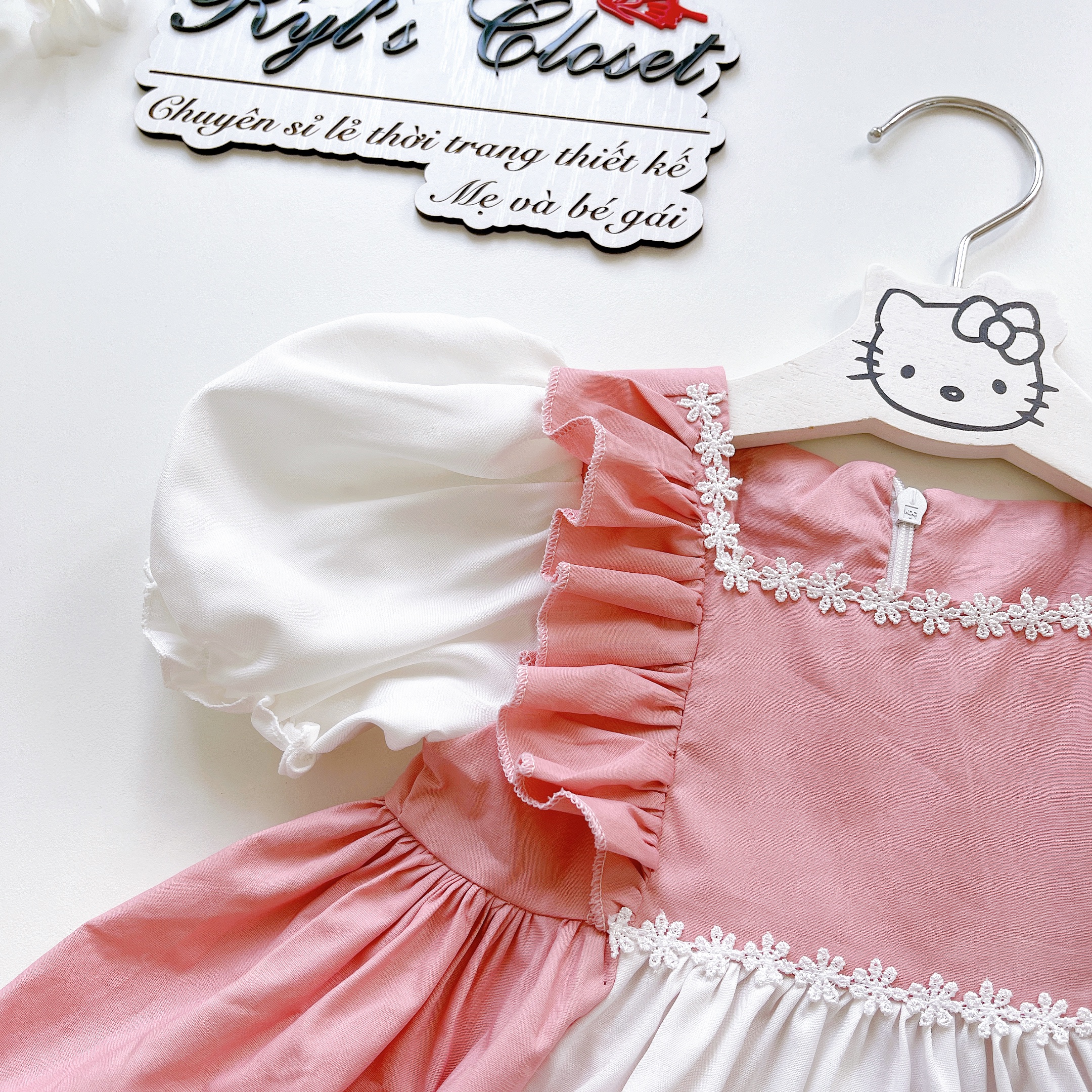 Váy Lolita bèo hồng bé gái 4 đến 17kg, Đầm bé gái chất lụa nến mềm mát