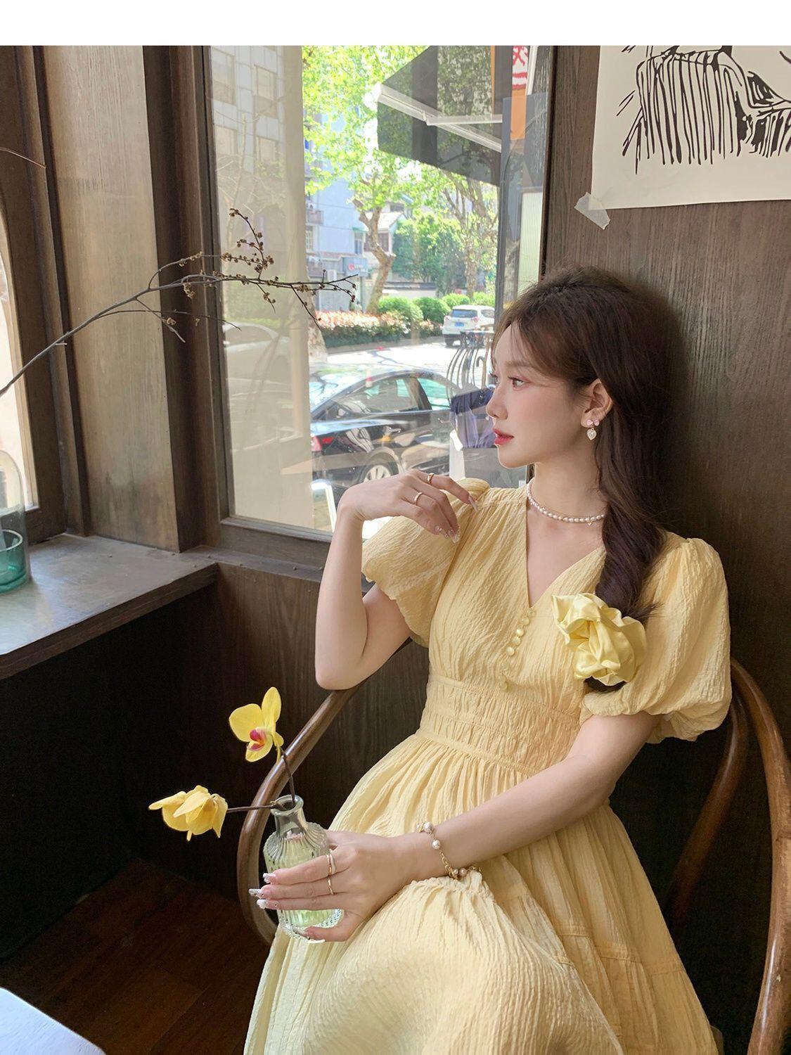 TOBE1SHOP DbyDoi Pháp Vintage dịu dàng gió hiển thị gầy v-cổ tiên nghỉ mát gió váy đầm đầm dài cho trẻ em mùa hè