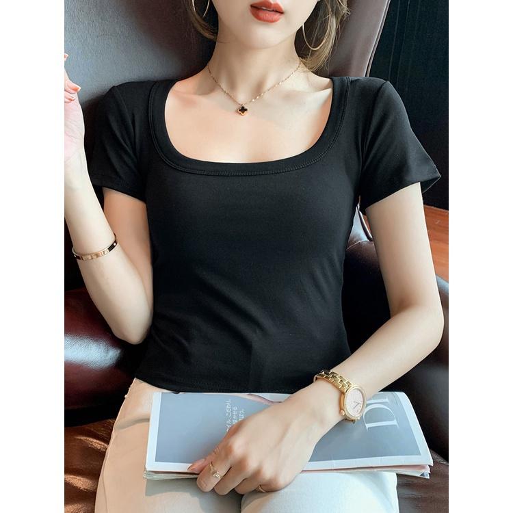 Áo thun nữ cổ vuông dáng ôm body ngắn tay Madela, Áo phông nữ cổ vuông tay ngắn kiểu Croptop- AT01