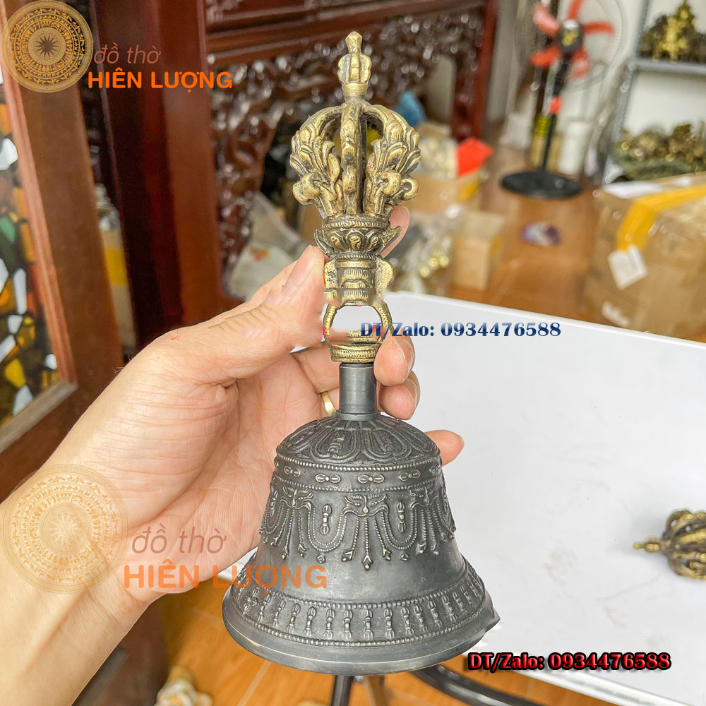 Bộ Chuông Chày Kim Cang Nepal Màu Nâu Bằng Đồng Nguyên Chất Cao 16cm Và 20cm Đẹp - Vật Phẩm Phong Thủy