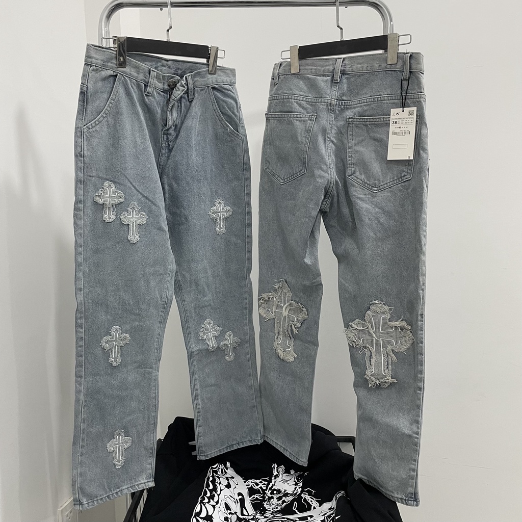 Quần jean baggy nam nữ thêu chữ thập, quần jean chrome heart ống rộng unisex, chất liệu kaki mềm - GlN STORE