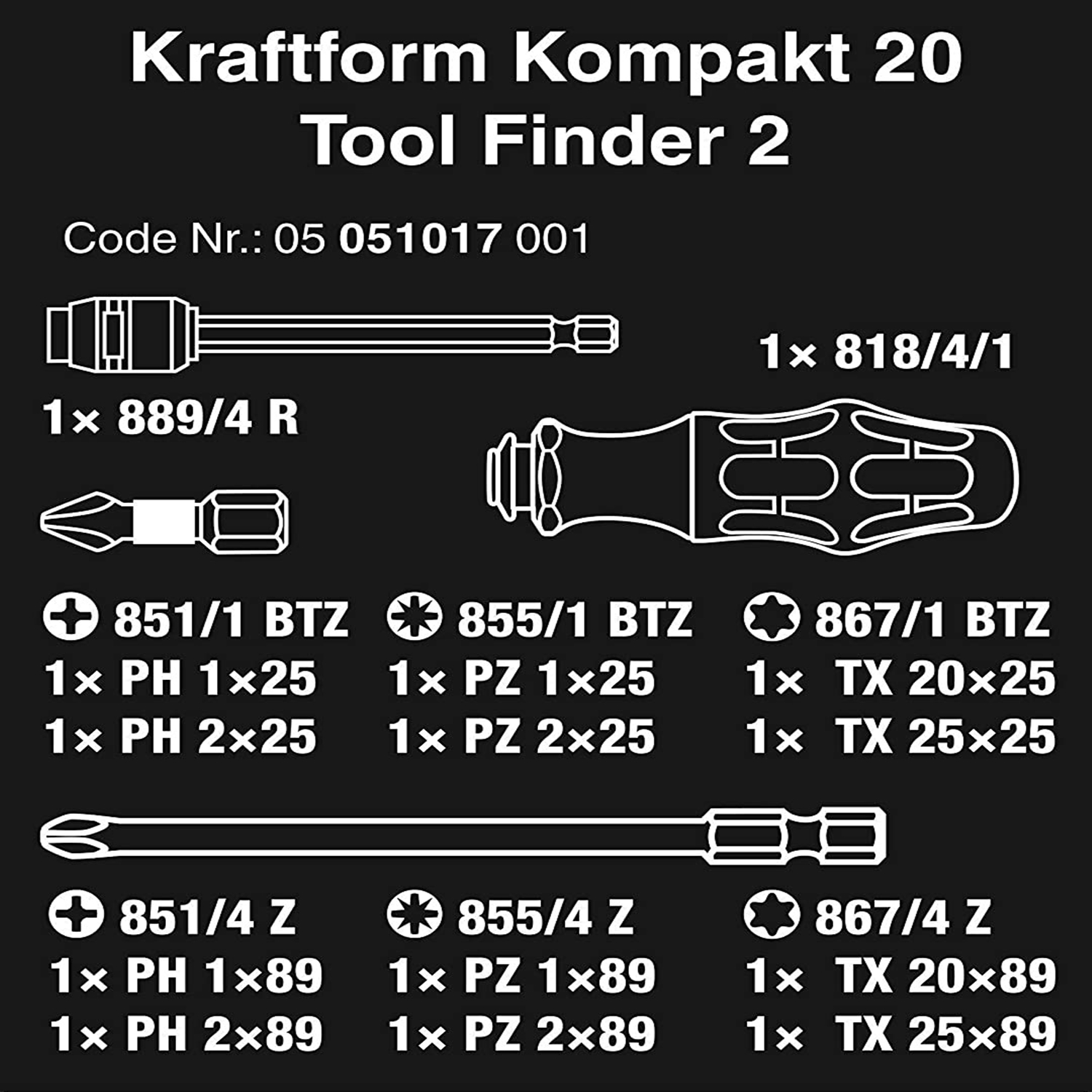 Bộ dụng cụ đa năng mở vặn vít KK 20 Tool Finder 2 gồm 13 chi tiết với các đầu vít ngắn dài 25mm và đầu vít dài 89mm kèm túi vải Wera 05051017001