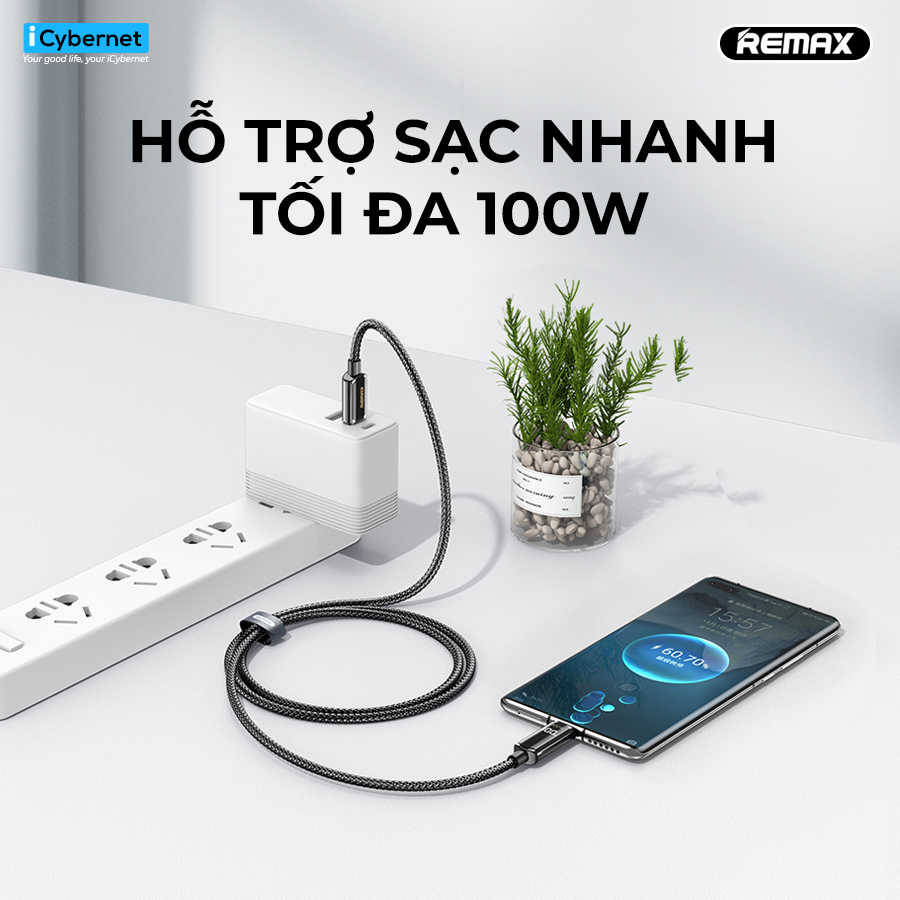 Cáp sạc siêu nhanh 100W TypecC to TypeC Remax RC-128a tích hợp đồng hồ đo công suất sạc - Hàng chính hãng