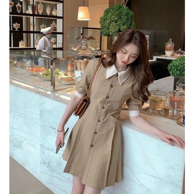 Đầm xoè thiết kế xếp ly cài nút tay phồng phom chuẩn mẫu
