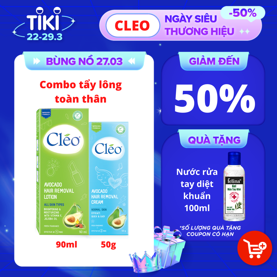 Combo tẩy lông nách Cléo cho da thường chiết xuất bơ 50g và tẩy lông chân tay Cléo an toàn trong 4 phút 90ml
