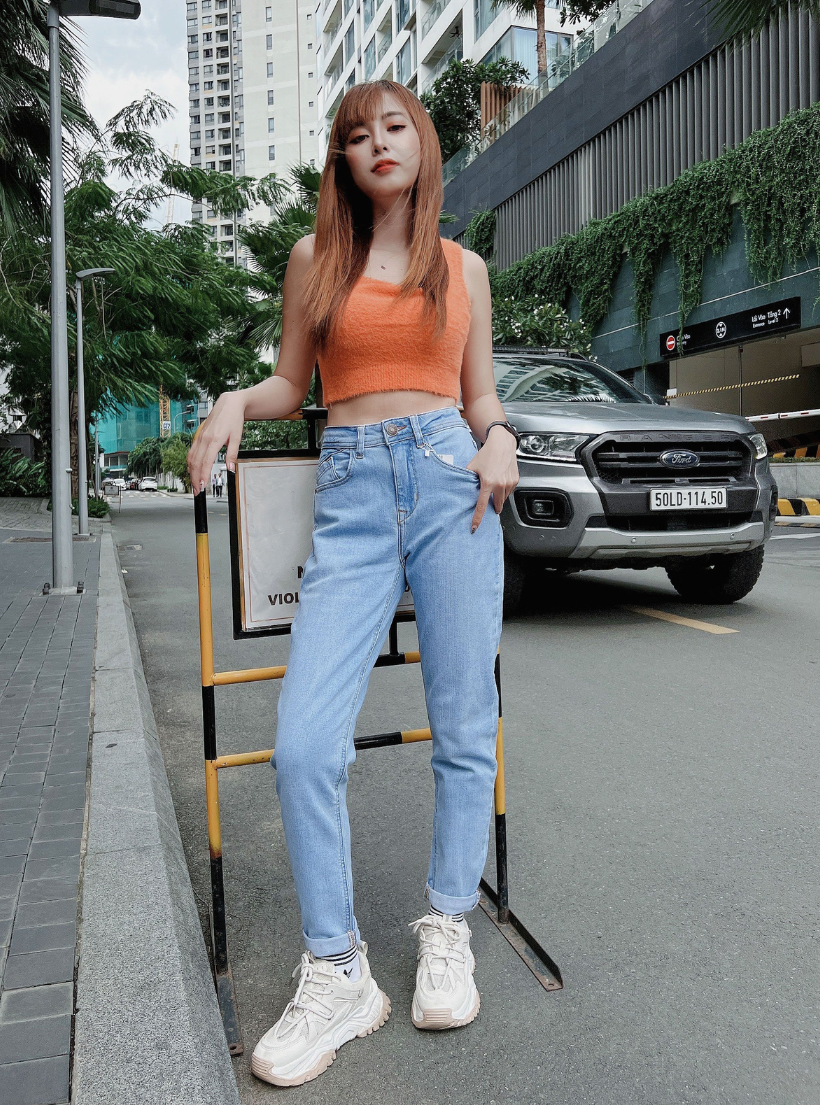 Quần jean nữ boyfriend baggy trơn dài co giãn HQJEANS