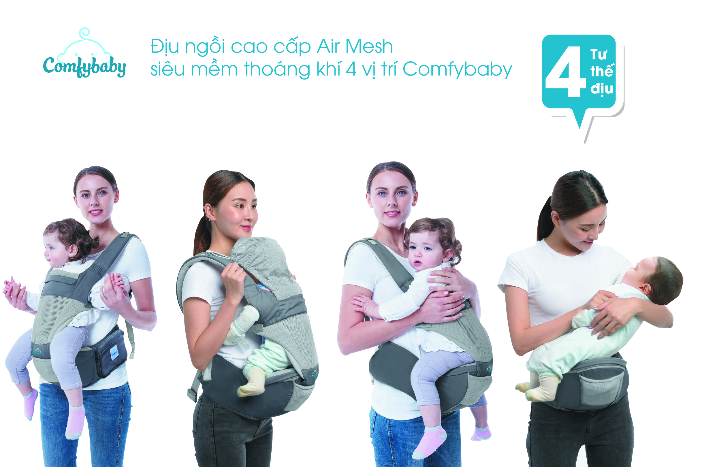 Địu Em Bé Comfybaby Trợ Lực 4 Tư Thế Tặng 2 Khẩu Trang Xuất Nhật