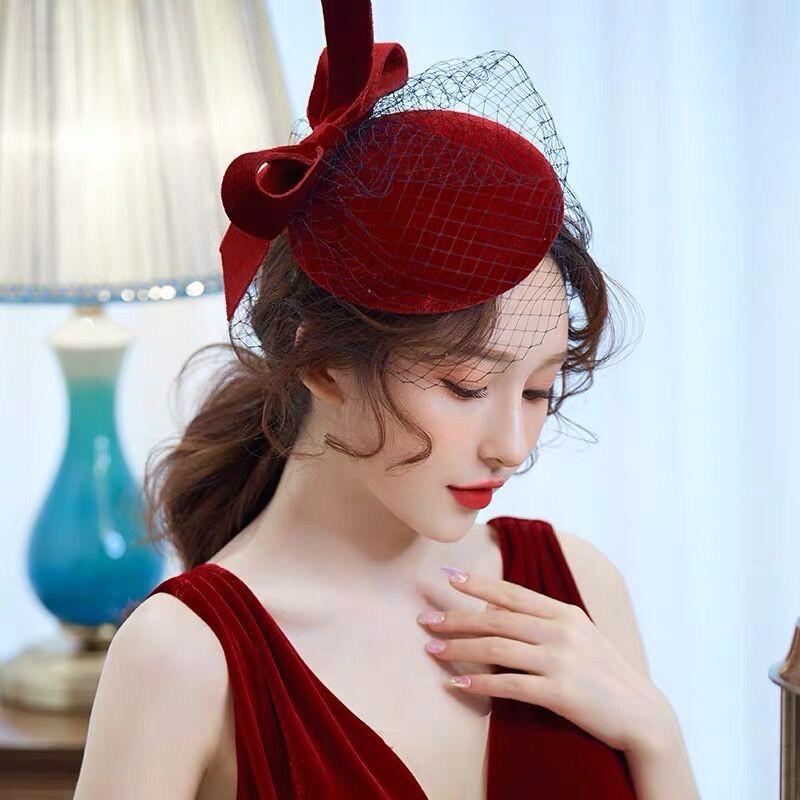 Mũ nón chụp hình thời trang nhung đỏ đồ nơ lưới 3/2021 giangpkc sp220782