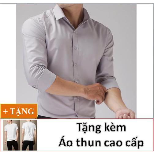 ÁO SƠ MI NAM DÀI TAY THỜI TRANG CAO CẤP AKHOI877+ TẶNG KÈM ÁO THUN TRƠN