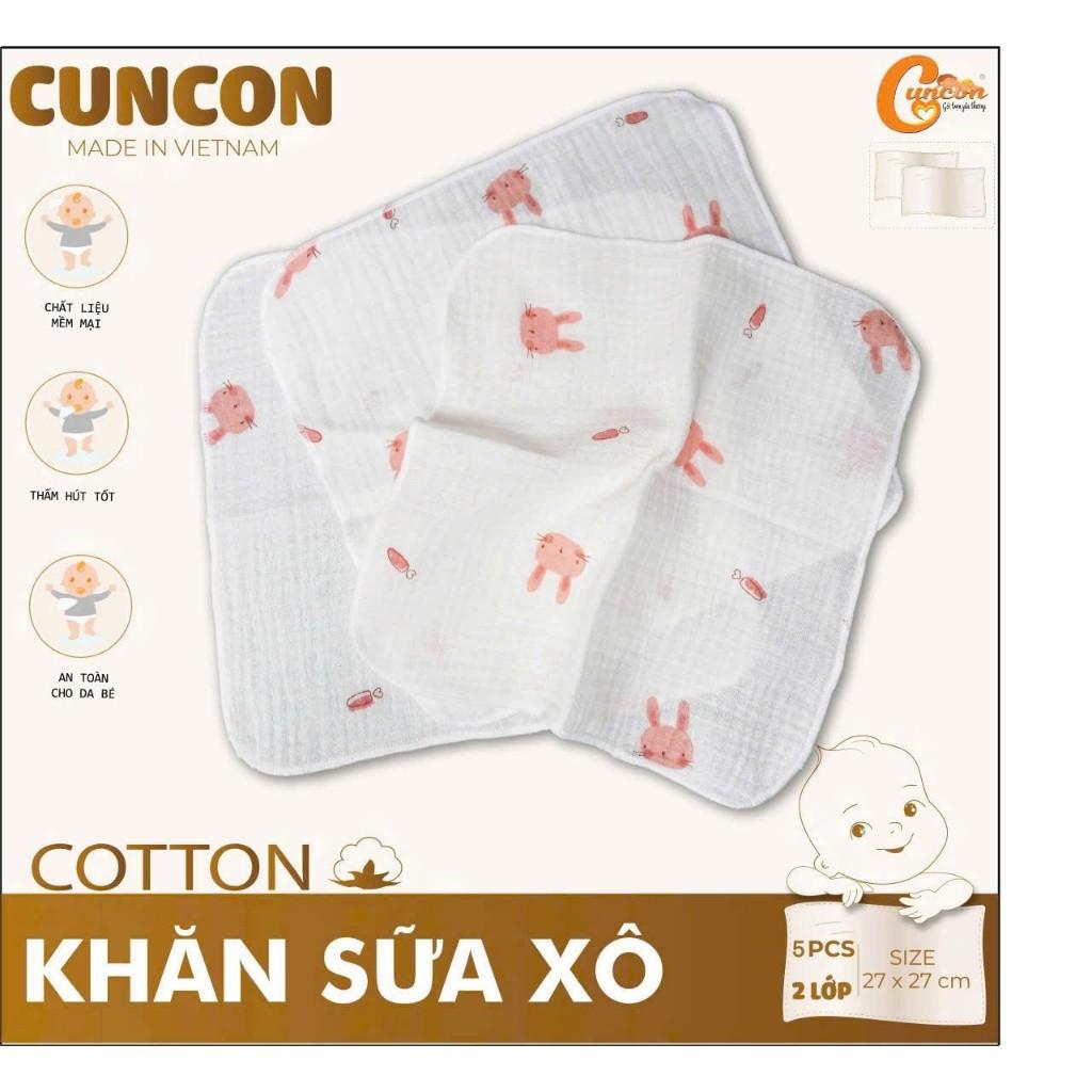 [Hộp 5 khăn] Khăn Sữa Xô Cotton 2 Lớp Mềm, Mỏng, Thấm Hút, Nhanh Khô Cho Bé Sơ Sinh - CÚN CON - Thỏ Hồng