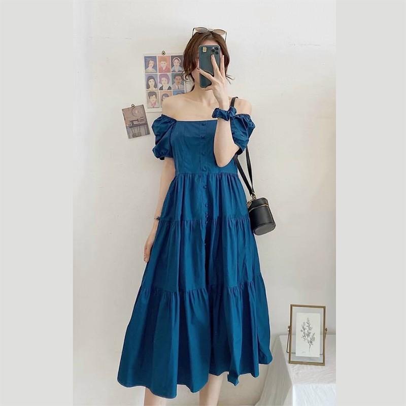 Váy Xanh Babydoll tay bồng chân xếp, Váy babydoll dáng xòe siêu xinh
