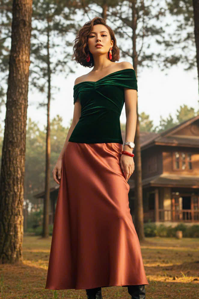 Áo Kiểu Nữ Cao Cấp Áo Trễ Vai Nhung Xanh Thời trang thiết kế Hity TOP115