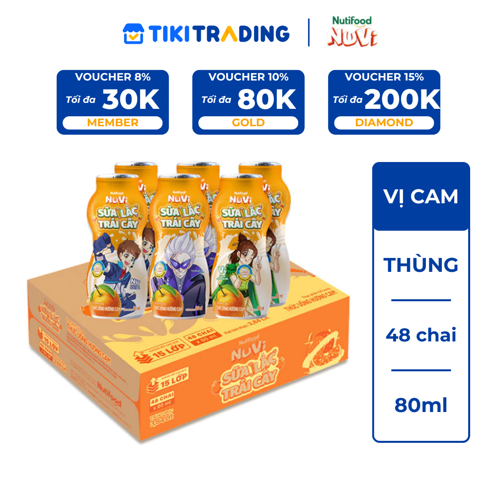 Thùng 48 chai Sữa Lắc Trái Cây Nuvi Hương Cam 80ml - Tăng Cường Chiều Cao, Phát Triển Trí Não
