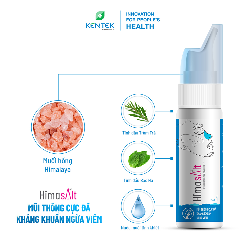 Xịt mũi muối hồng Himalaya, tinh dầu tràm trà dành cho người lớn HIMASALT | Chai 75ml