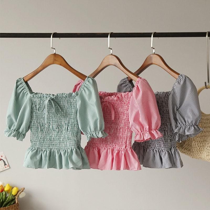 Áo Kiểu Tay Phồng Cổ Vuông Phối Nơ Họa Tiết Sọc Caro Phong Cách Retro