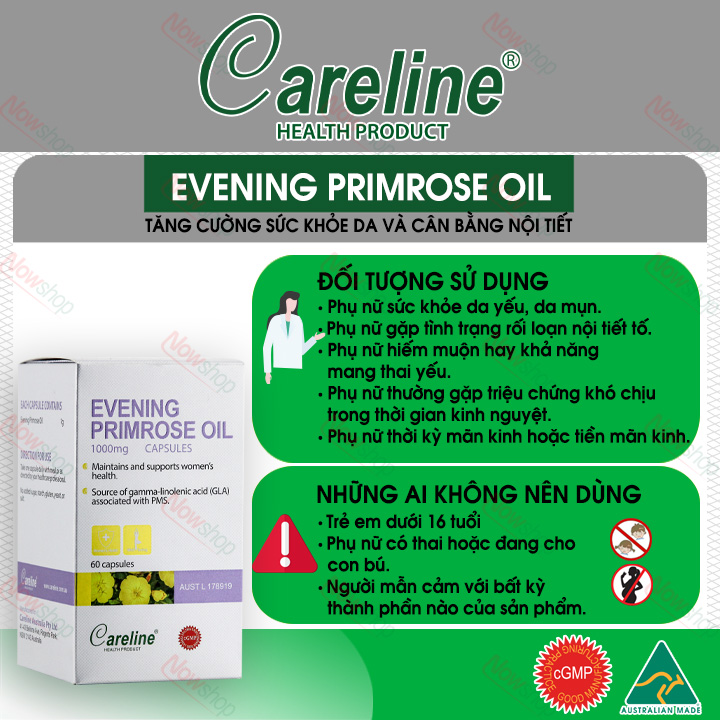 Viên uống Careline Evening Primrose Oil hỗ trợ đẹp da điều hòa kinh nguyệt cân bằng nội tiết tố nữ