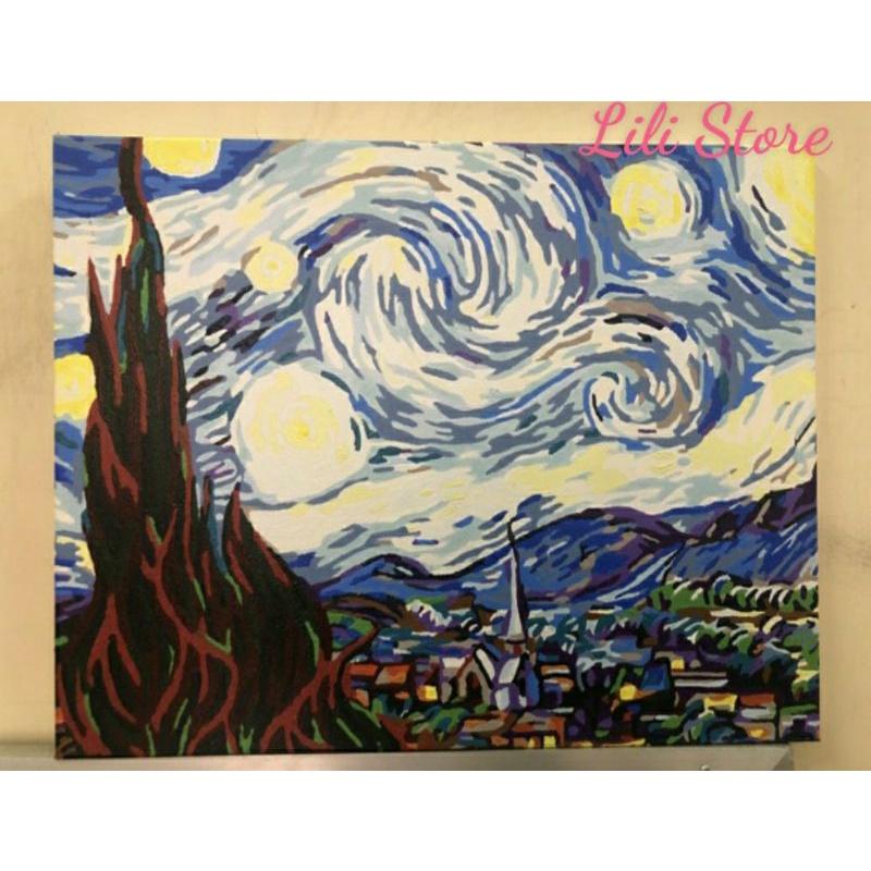 Tranh sơn dầu số hóa DIY khổ 40x50cm đã căng khung- Tranh &quot;The Starry Night&quot; Van Gogh