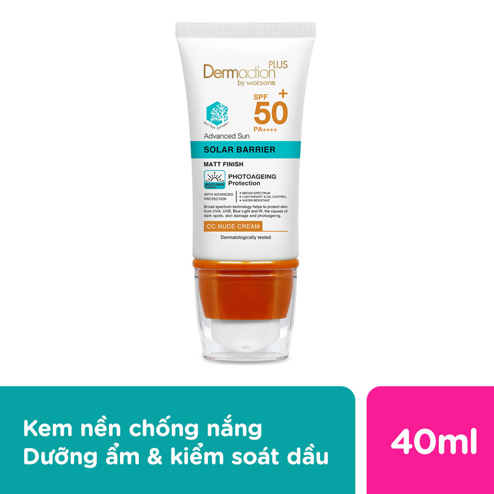 Kem Nền Chống Nắng Dermaction Plus By Watsons Solar Barrier CC Nude Cream SPF50+ PA++++ 40ml