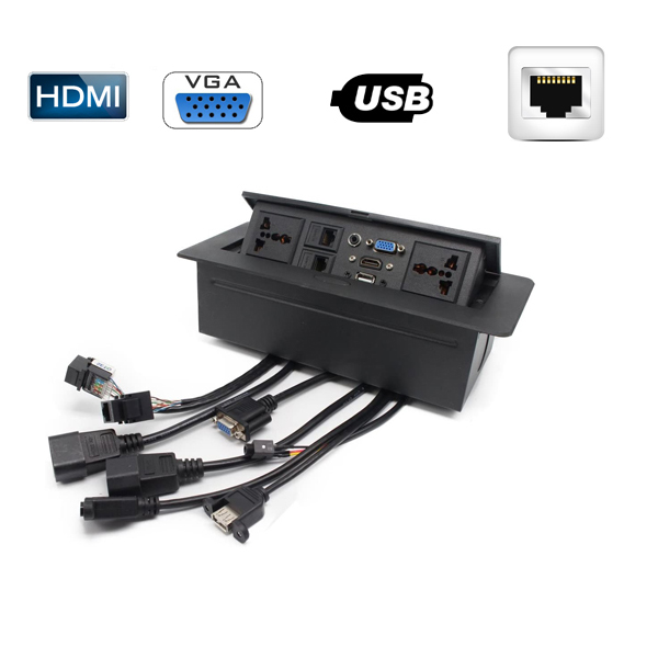 Hộp Ổ Điện Âm Bàn TENKO Tích Hợp Các Cổng HDMI/VGA/RJ45 TK-AS02DN Màu Đen