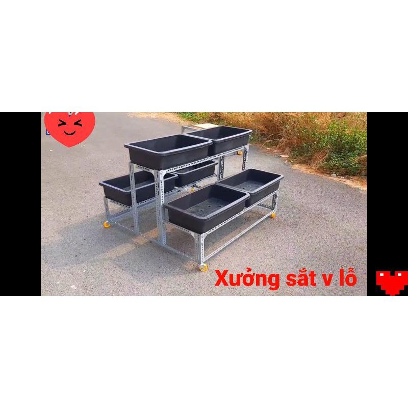 Kệ sắt trồng rau thông minh 2 tâng 6 khay nhựa có bánh xe (dùng sắt V3x3cm và V4x4cm ) bao chắc chắn