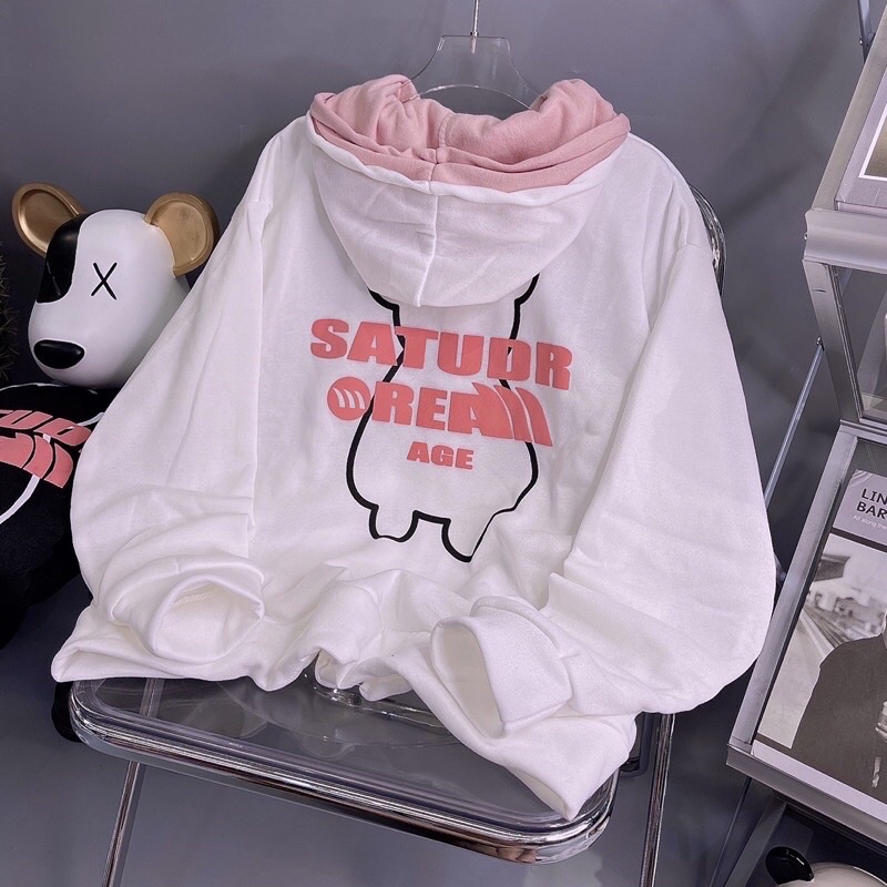 Áo Khoác Hoodie Unisex Hàn Quốc Khóa Kéo Nón 2 Lớp In Gấu SATUDR OREAN AGE Chống Nắng Siêu Tốt