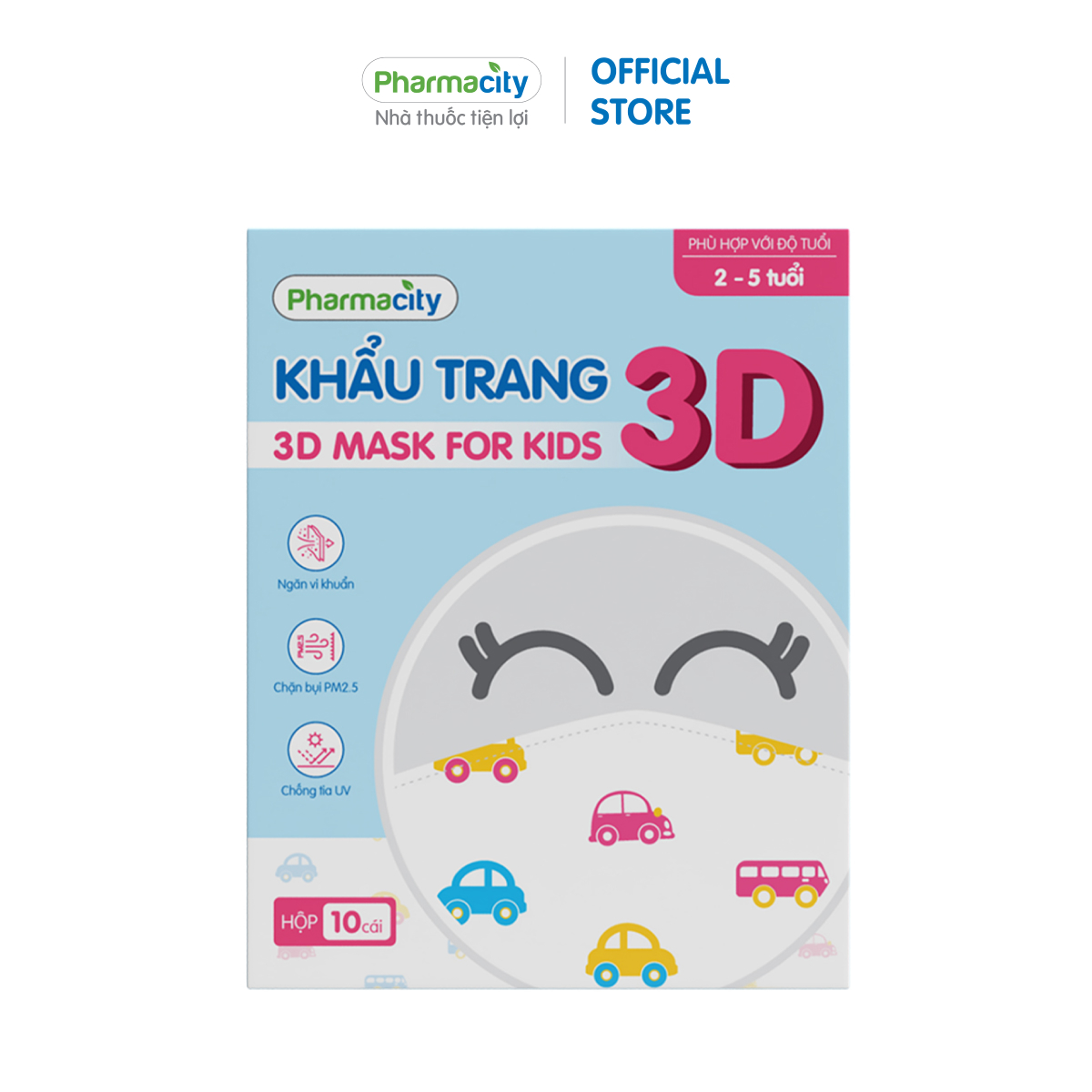 Khẩu trang y tế 3D Pharmacity ngăn bụi mịn và vi khuẩn cho trẻ 2-5 tuổi (Hộp 10 cái)