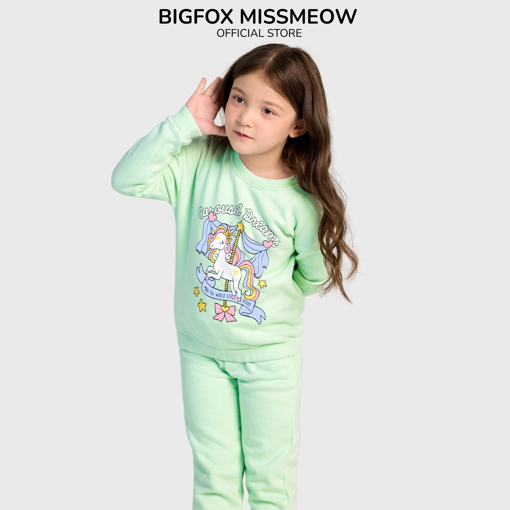 Bộ nỉ bé gái Bigfox Miss Meow, bộ thu đông cho bé vải nỉ bông cao cấp in ngựa đu quay dễ thương size trẻ em 3,4,5…8 tuổi