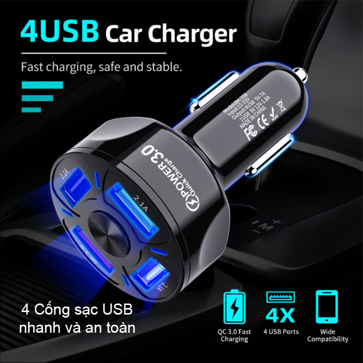 Đầu sạc nhanh xe ô tô QC3.0-BK358 có 04 cổng USB, điện áp vào 12-24V