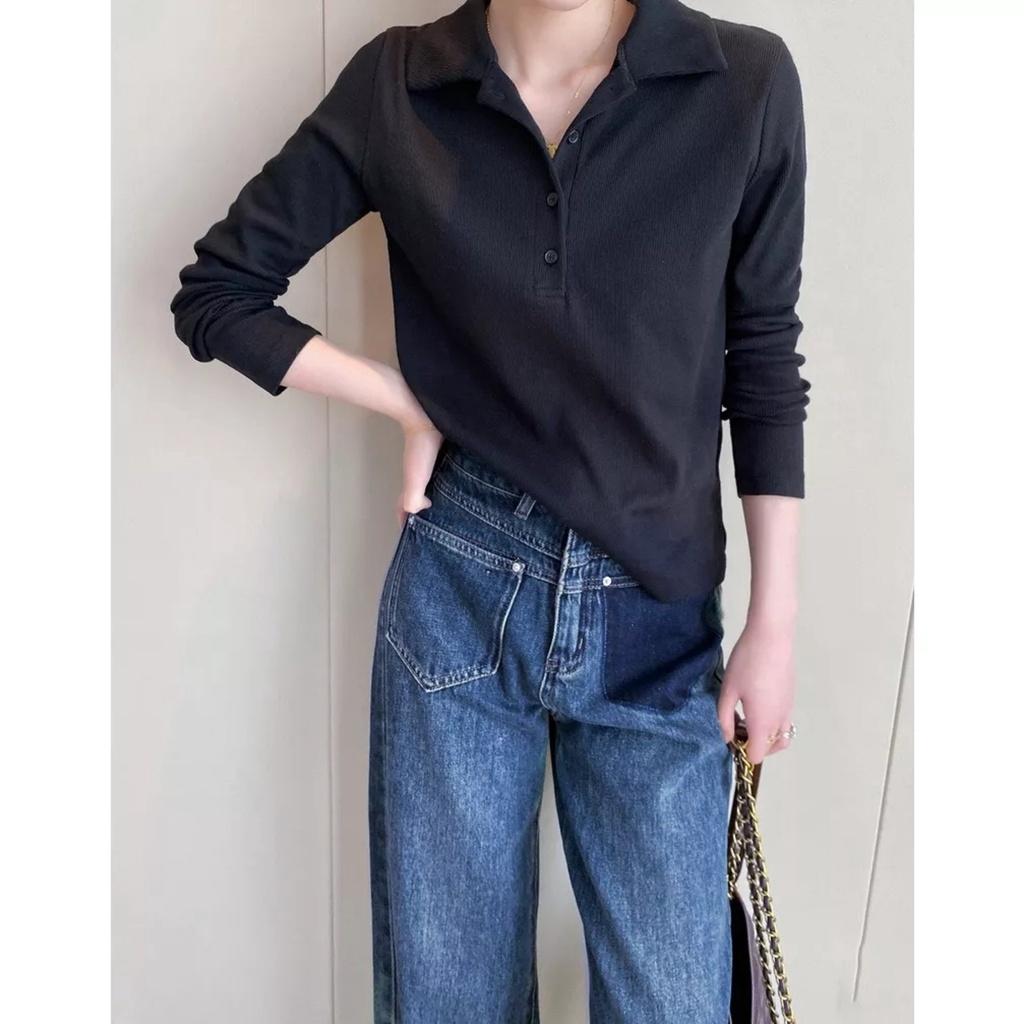 Quần Jeans Nữ Ống Rộng Túi Trước Mác Da Cạp Cao Dáng Suông