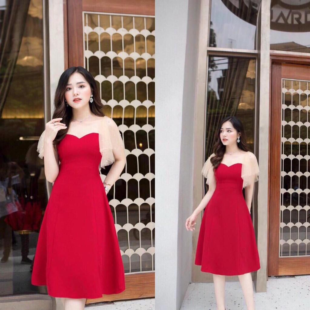 ️ Đầm Nữ Dáng Xòe Đi Tiệc Chất Umi Tay Phối Lưới Free Size 2 Màu Hồng Đỏ ️