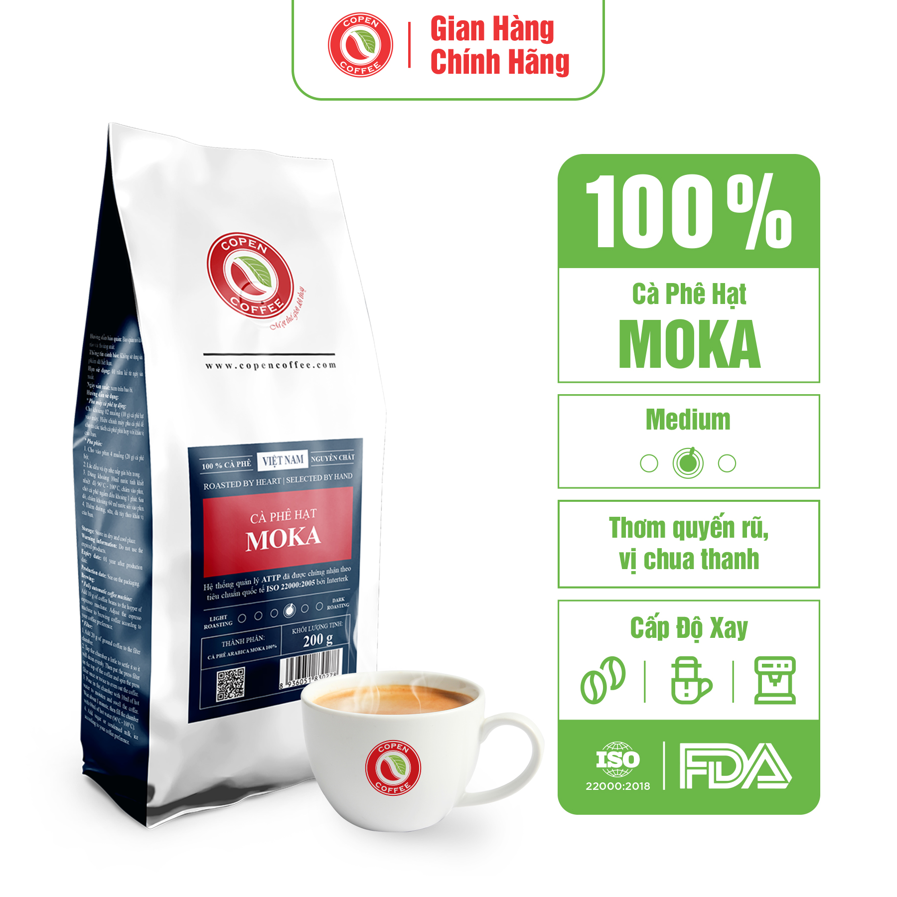 Cà phê hạt Copen Coffee Moka túi 200g (Nguyên Hạt Rang Mộc)