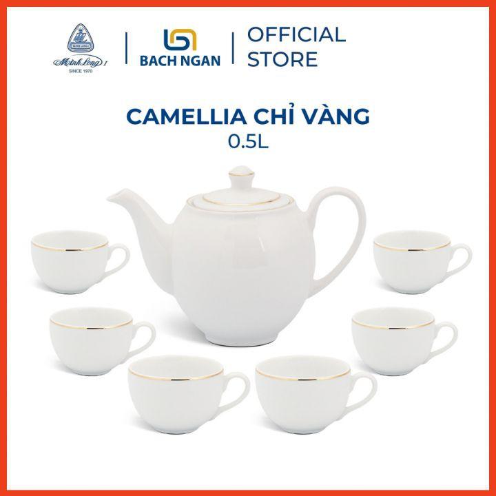 Bộ Ấm Trà Camellia 0.5L Chỉ Vàng - Gốm sứ cao cấp Minh Long I