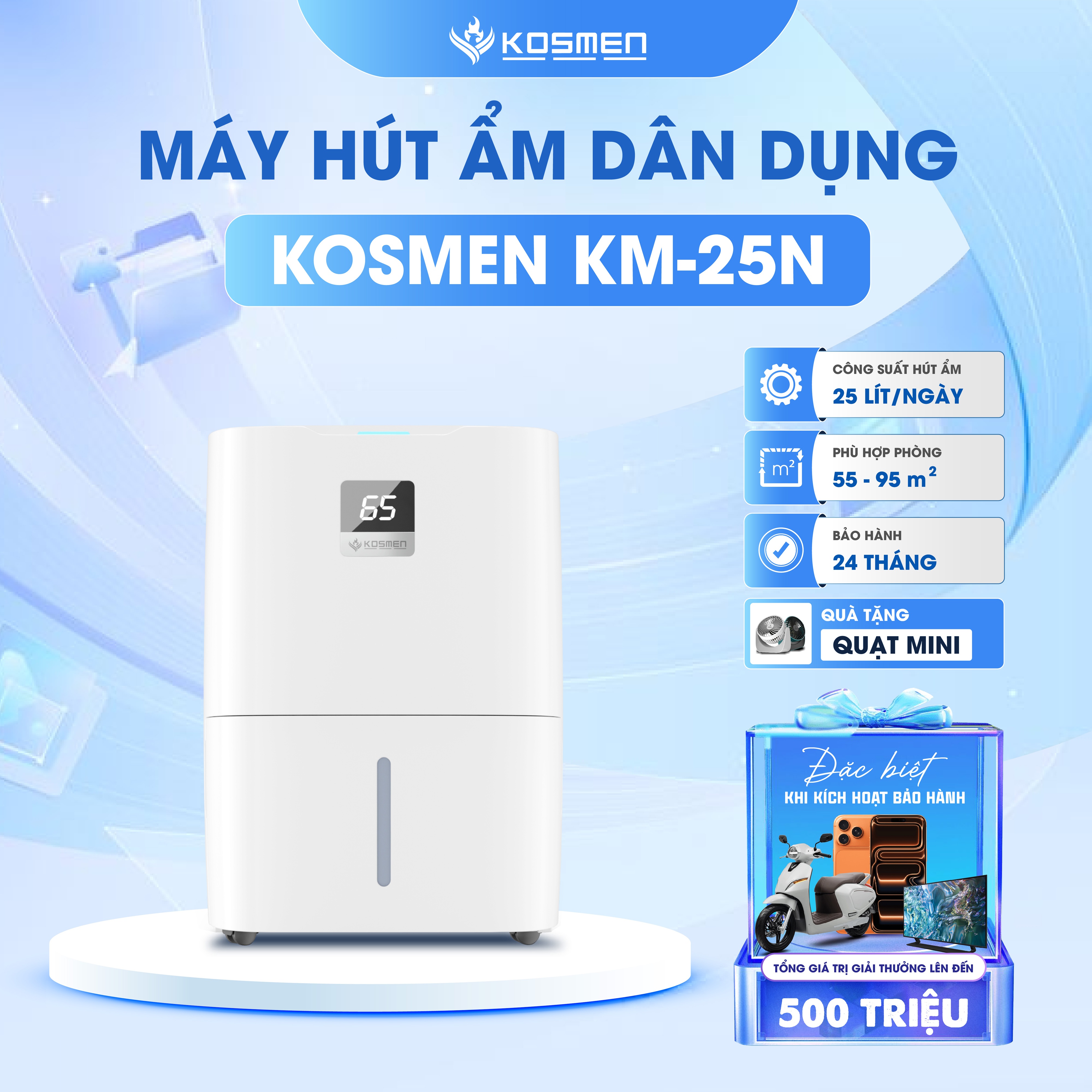 Máy Hút Ẩm Kosmen KM-25N,Phù Hợp Diện Tích 55 - 95 m2, Lọc Không Khí Chuyên Sâu - Hàng Chính Hãng, Bảo Hành 24 Tháng