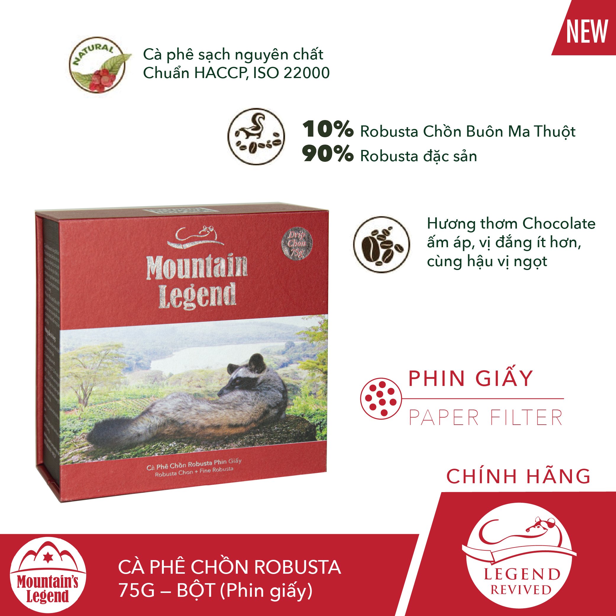 Cà phê chồn túi lọc Robusta Moutain’s Legend 75 gram