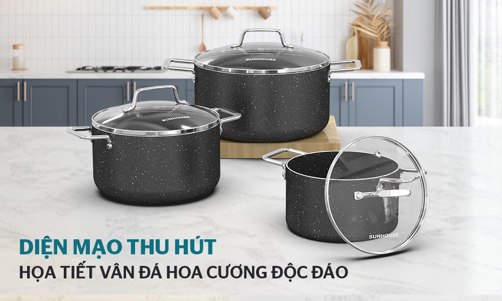 Bộ 3 nồi chống dính siêu bền đá đáy từ Sunhouse SHG7878MB 16-20-24cm dùng trên mọi loại bếp model mới 2023