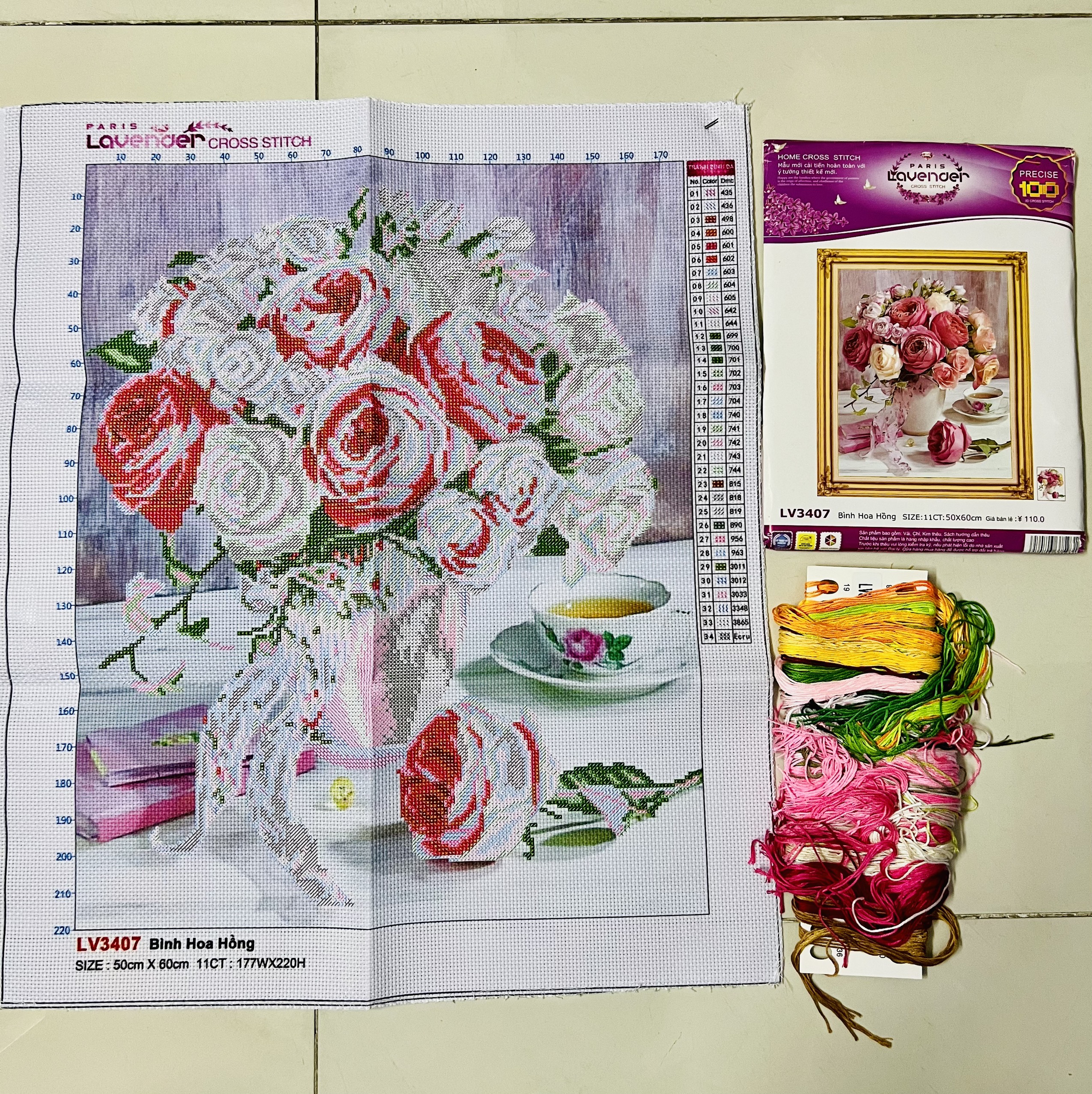Tranh thêu kín Hoa mẫu đơn đỏ 6492, kích thước 50 x 76 cm