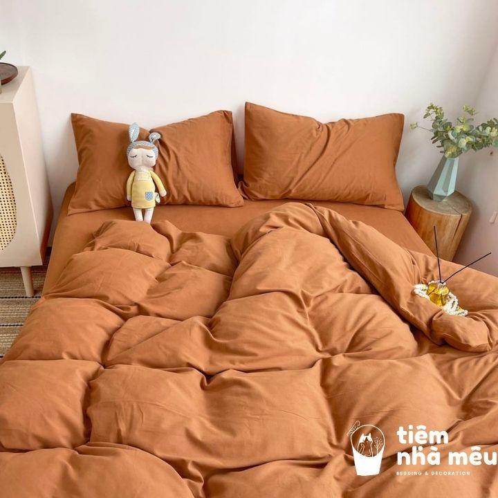Bộ Vỏ Chăn Ga Gối Cotton Đũi 1m6/1m8/2m - Tiệm Nhà MêuSet 4 Món Cotton Đũi Màu Nâu Cam Siêu Mềm Mịn Cao Cấp Nhập Khẩu