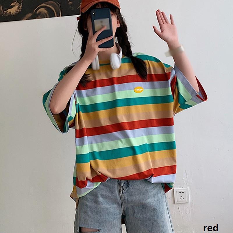 Women's Summer Casual T Shirt Short Sleeve O-Neck Rainbow Striped Loose Tee Lovers Tops