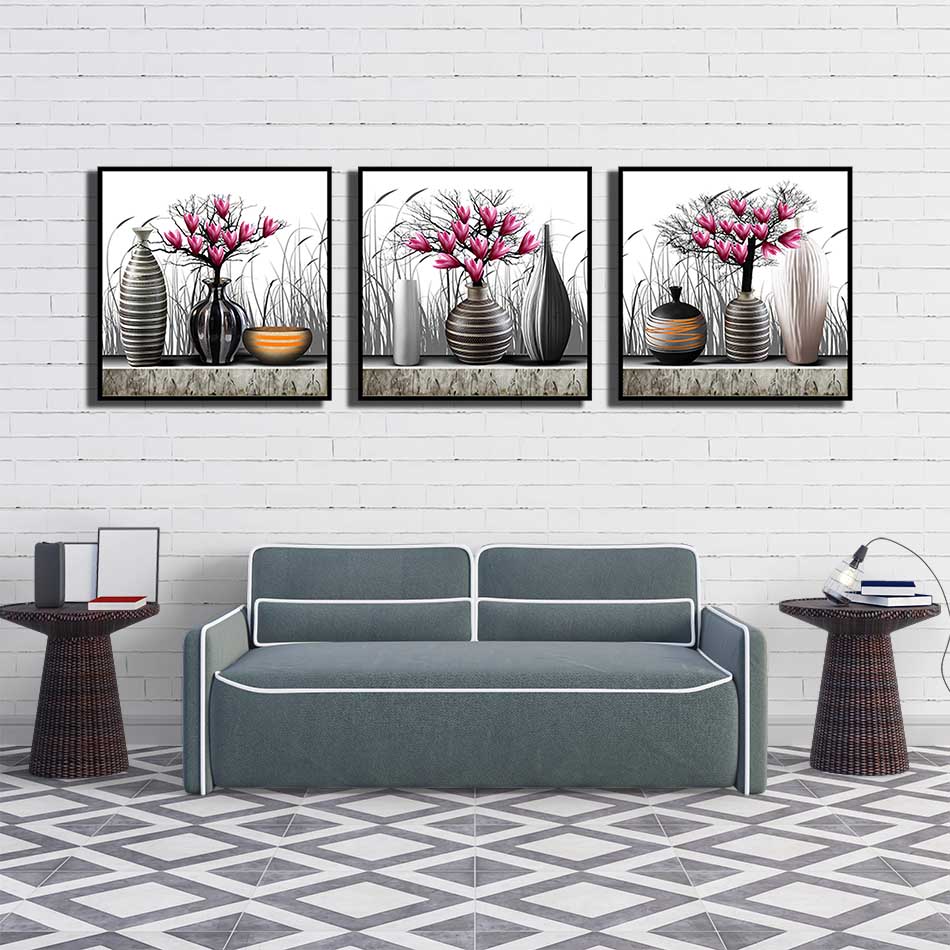 Bộ 3 tranh canvas treo tường Decor Họa tiết bình hoa cách điệu - DC163