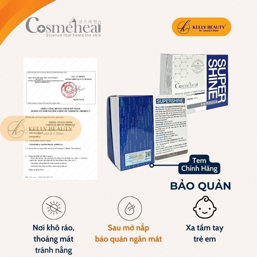 Tế Bào Gốc Căng Bóng Da Cosmeheal SuperShine Ampoule - Phục Hồi Da Tổn Thương, Cấp Ẩm Sâu, Nuôi Da Khỏe | Kelly Beauty