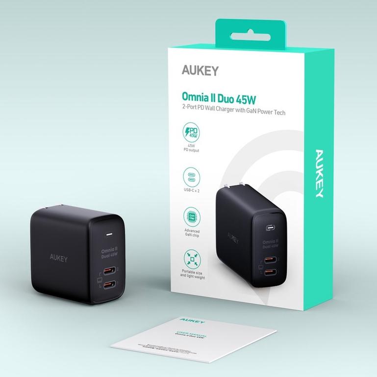 Sạc siêu nhanh 2 cổng AUKEY PA-B4T Omnia ll Duo 65W GAN Hổ trợ công nghệ PD/PPS/QC 4.0 cho Laptop - Hàng Chính Hãng