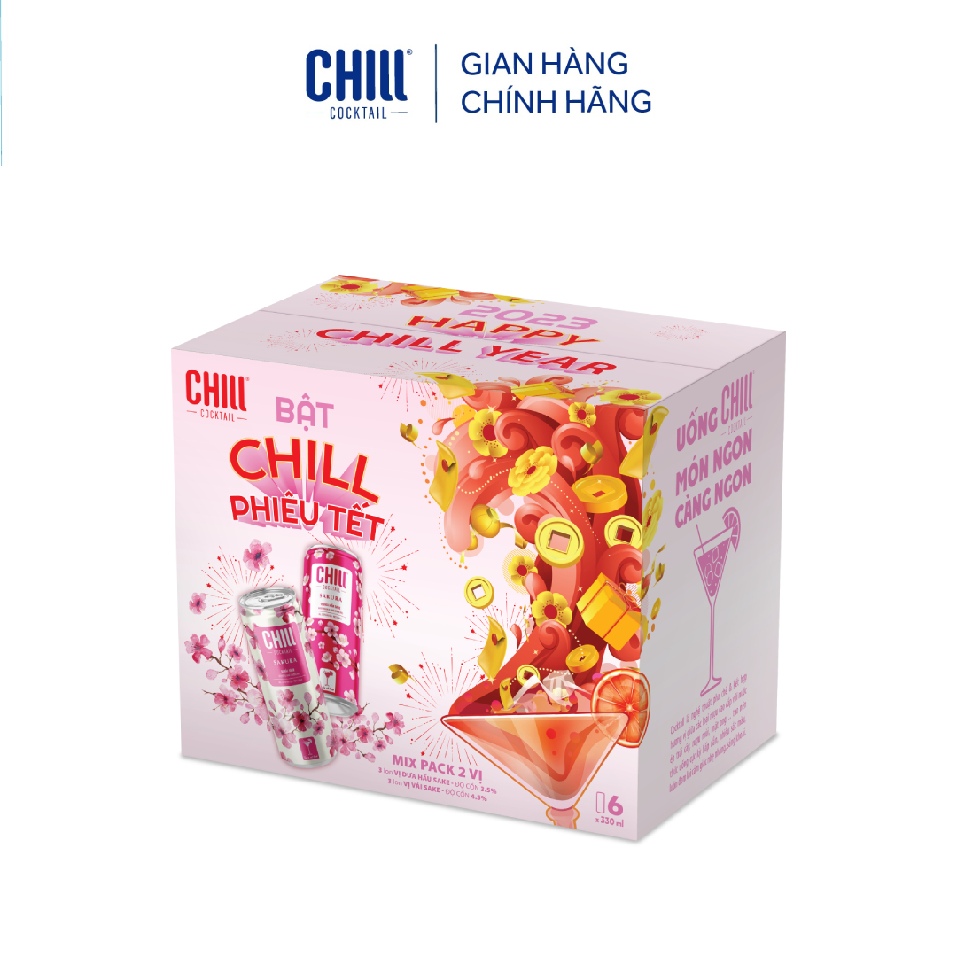 Combo 2 Thùng 6 lon Chill Cocktail Sakura mix vị Vải Sake &amp; Dưa Hấu Sake (12 lon x 330ml/lon)