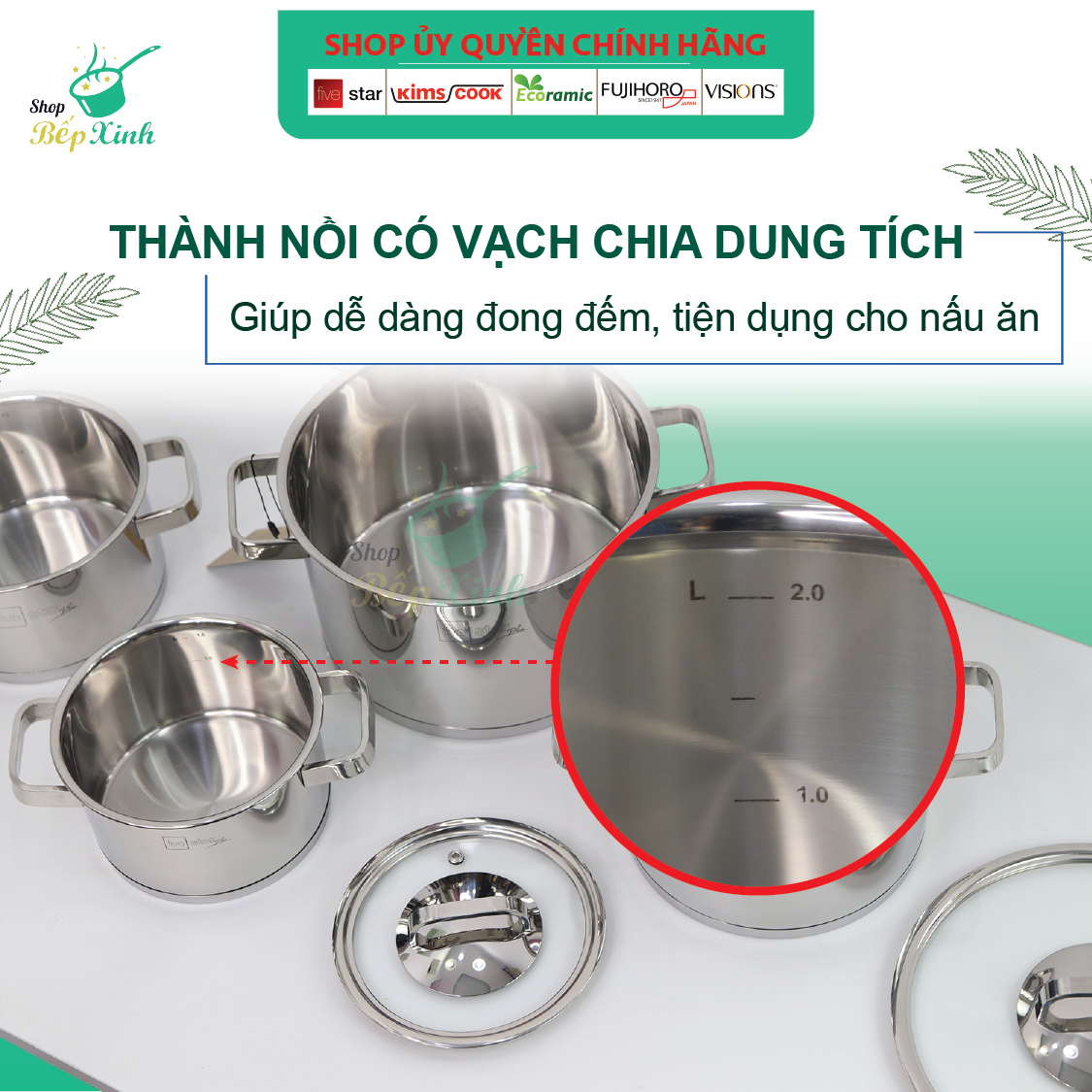 Nồi inox 304 Fivestar 3 đáy quai vuông nắp kính,dùng được bếp từ ,tặng 5 muỗng (16cm / 18cm / 20cm / 24cm )