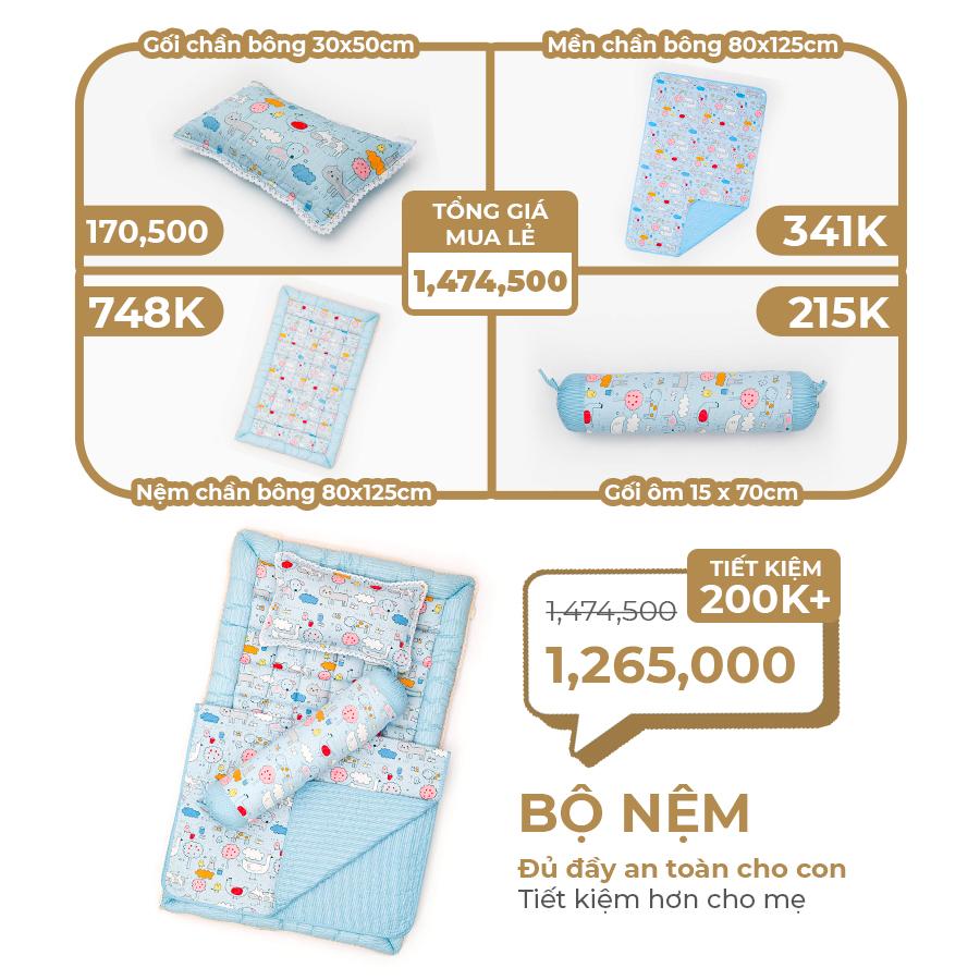 Bộ Nệm Trẻ Em Chần Bông Cho Bé Đi Học Khang Home Baby Safety BBS23 80x125cm - 100% Cotton Thiên Nhiên - Giúp Bé Ngủ Thẳng Lưng Không Cong Vẹo Cột Sống