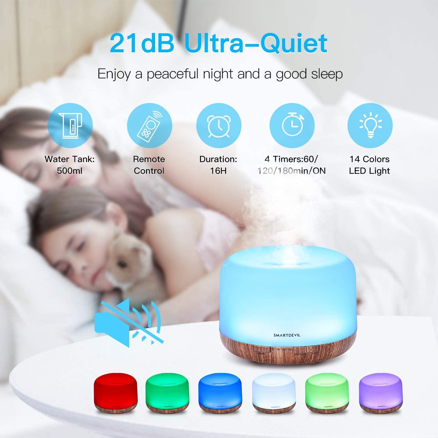 SmartDevil Hương Thơm Khuếch Tán Tinh Dầu Siêu Âm Thanh Máy Phun Sương Tạo Độ Ẩm Điều Khiển từ xa Máy Xông Phòng 7 Thay Đổi Màu Sắc và Tắt Máy Tự Động