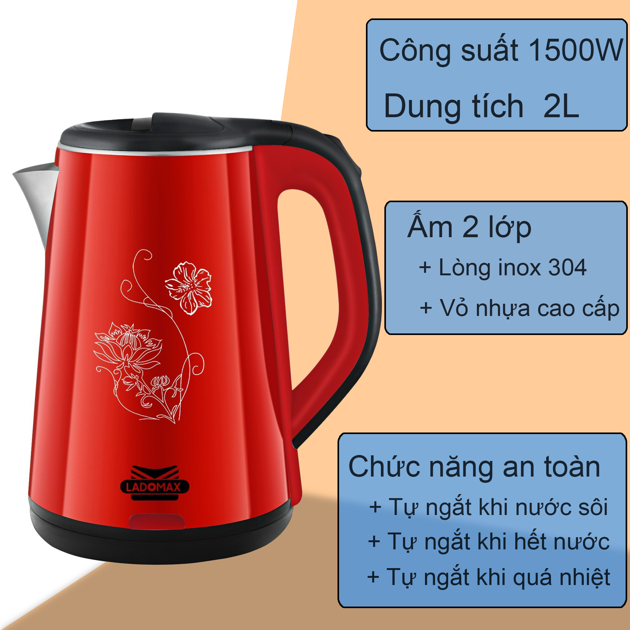 Ấm siêu tốc 2 lớp Ladomax HA-836 dung tích 2L, lòng ấm bằng inox 304, vỏ nhựa cách nhiệt an toàn cho gia đình có trẻ em - Hàng chính hãng