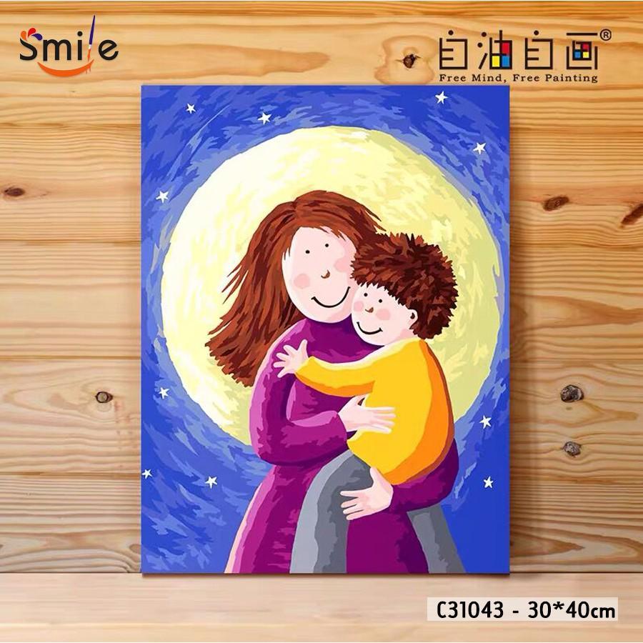 Tranh sơn dầu số hóa tự tô màu theo số cao cấp Smile FMFP Mẹ ôm con C31043