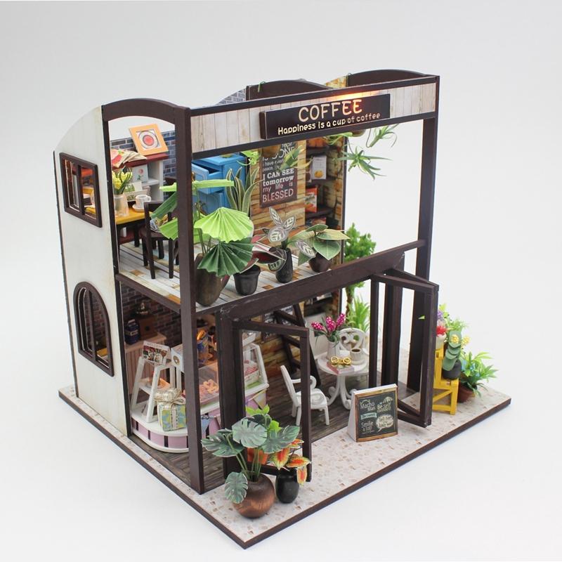 đồ chơi lắp bằng gỗ handmade Mô hình trang trí DIY tiệm cà phê mini thu nhỏ M027 có đèn