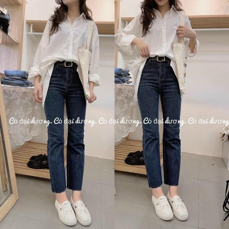 Quần jean xanh cạp cap ống đứng cho nữ
