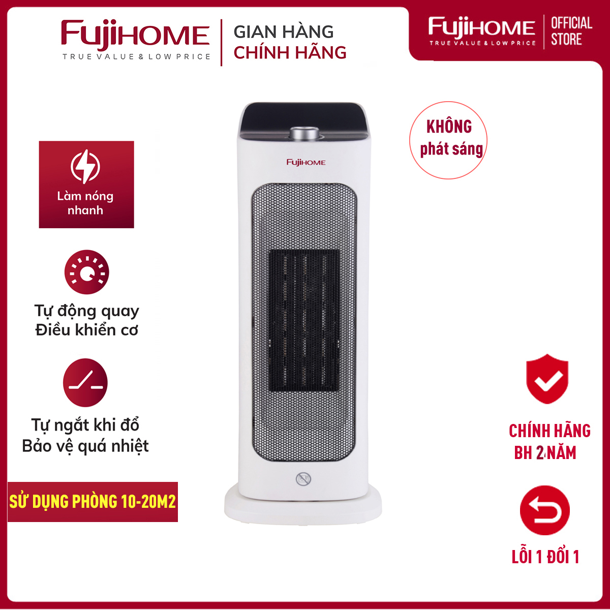 Máy sưởi gốm không khô da nhập khẩu FUJIHOME FH1000, không phát sáng, không đốt oxi, tự ngắt - Hàng chính hãng